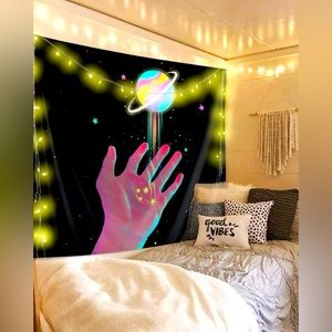 Space tapestry with reaching hand w/ planet minimalistic art fabric poster